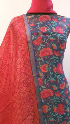blue printed Chanderi Silk Print Unstitched salwar with dupatta 2
