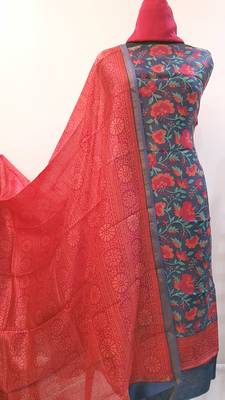 blue printed Chanderi Silk Print Unstitched salwar with dupatta 3