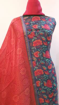blue printed Chanderi Silk Print Unstitched salwar with dupatta 4