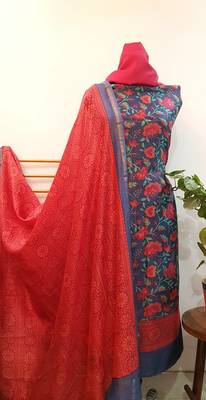 blue printed Chanderi Silk Print Unstitched salwar with dupatta 5