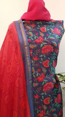 blue printed Chanderi Silk Print Unstitched salwar with dupatta 6