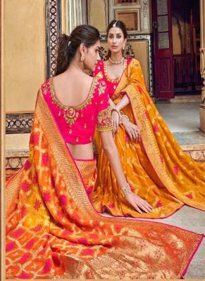 Orange woven silk saree with blouse 2