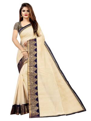 Cream plain chanderi saree with blouse 1