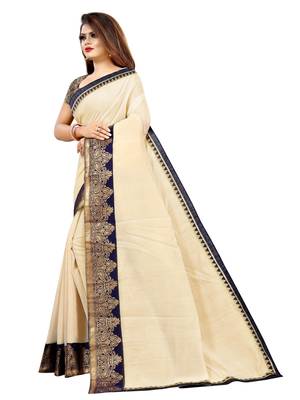 Cream plain chanderi saree with blouse 2