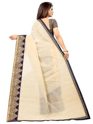 Cream plain chanderi saree with blouse 3