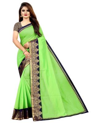 Parrot green plain chanderi saree with blouse 1