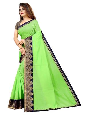 Parrot green plain chanderi saree with blouse 2