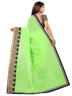 Parrot green plain chanderi saree with blouse 3