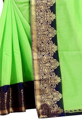 Parrot green plain chanderi saree with blouse 4