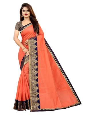 Peach plain chanderi saree with blouse 1