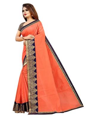 Peach plain chanderi saree with blouse 2