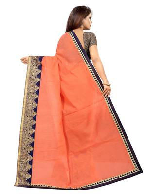 Peach plain chanderi saree with blouse 3