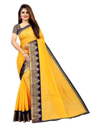 Yellow plain chanderi saree with blouse 1
