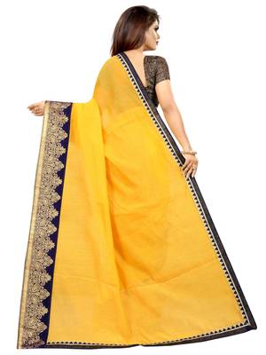Yellow plain chanderi saree with blouse 3