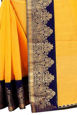 Yellow plain chanderi saree with blouse 4