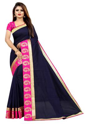 Navy blue plain chanderi saree with blouse 1