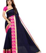 Navy blue plain chanderi saree with blouse