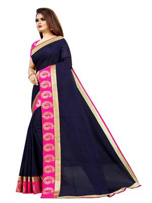 Navy blue plain chanderi saree with blouse 2
