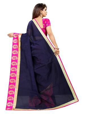 Navy blue plain chanderi saree with blouse 3