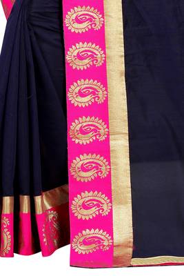 Navy blue plain chanderi saree with blouse 4