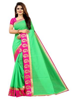 Parrot green plain chanderi saree with blouse 1