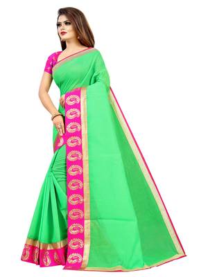 Parrot green plain chanderi saree with blouse 2