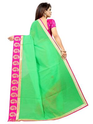 Parrot green plain chanderi saree with blouse 3
