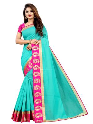 Sea green plain chanderi saree with blouse 1