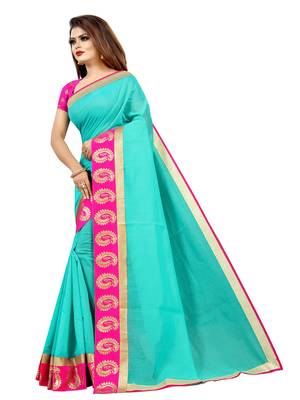 Sea green plain chanderi saree with blouse 2