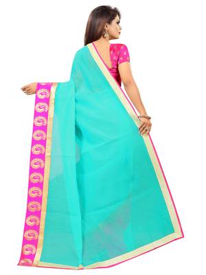 Sea green plain chanderi saree with blouse 3