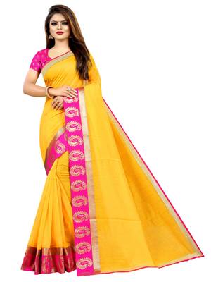 Yellow plain chanderi saree with blouse 1