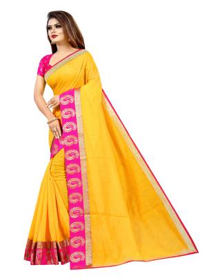 Yellow plain chanderi saree with blouse 2