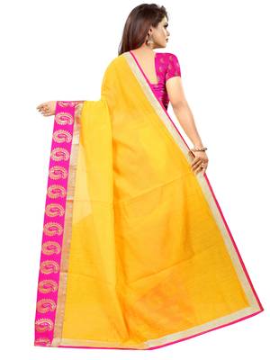 Yellow plain chanderi saree with blouse 3