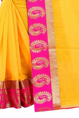 Yellow plain chanderi saree with blouse 4