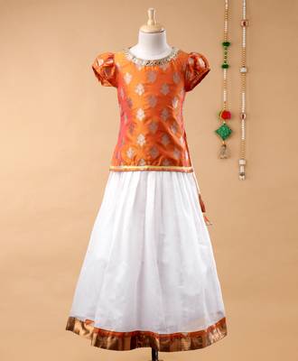 Gold printed brocade kids-pavadai-set 1