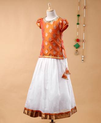 Gold printed brocade kids-pavadai-set 3