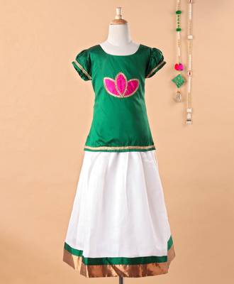 Green printed art silk kids-pavadai-set 1