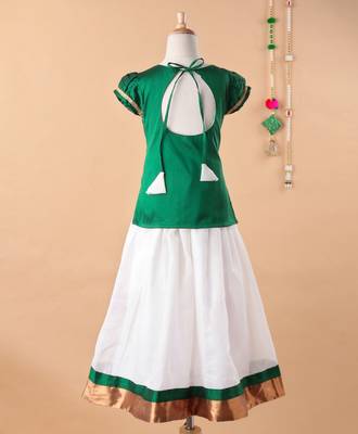 Green printed art silk kids-pavadai-set 2