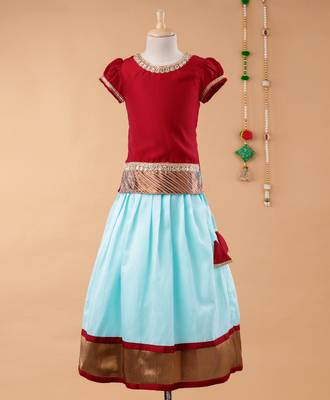 Maroon plain cotton silk kids-pavadai-set 1
