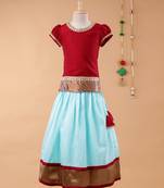 Maroon plain cotton silk kids-pavadai-set