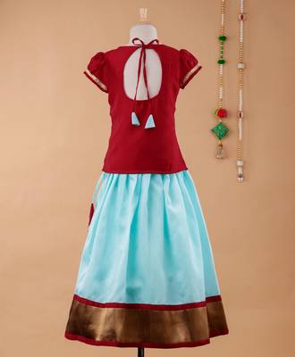 Maroon plain cotton silk kids-pavadai-set 2