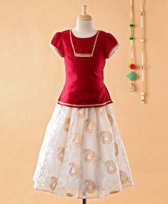 Maroon printed cotton silk kids-pavadai-set 1