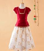 Maroon printed cotton silk kids-pavadai-set