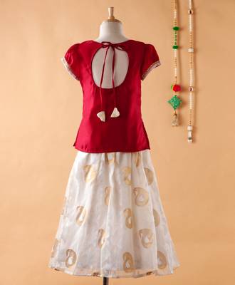 Maroon printed cotton silk kids-pavadai-set 2