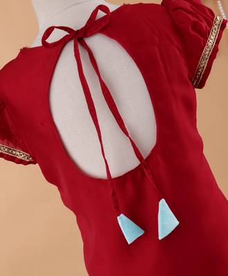 Maroon plain cotton silk kids-pavadai-set 5
