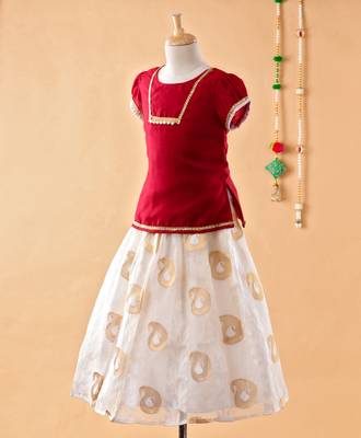 Maroon printed cotton silk kids-pavadai-set 3