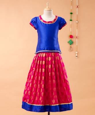 Blue printed art silk kids-pavadai-set 1