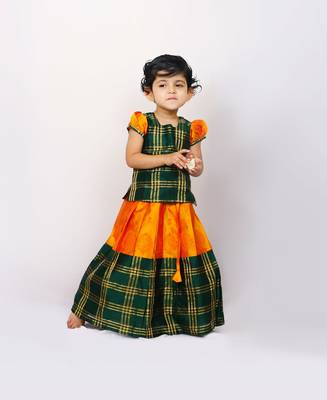 Green Printed Raw Dupion Silk Kids Pavadai Set 1
