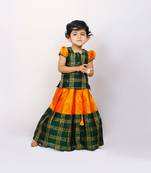 Green Printed Raw Dupion Silk Kids Pavadai Set