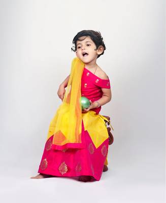 Pink Printed Kanchipuram Silk Kids Pavadai Set 1